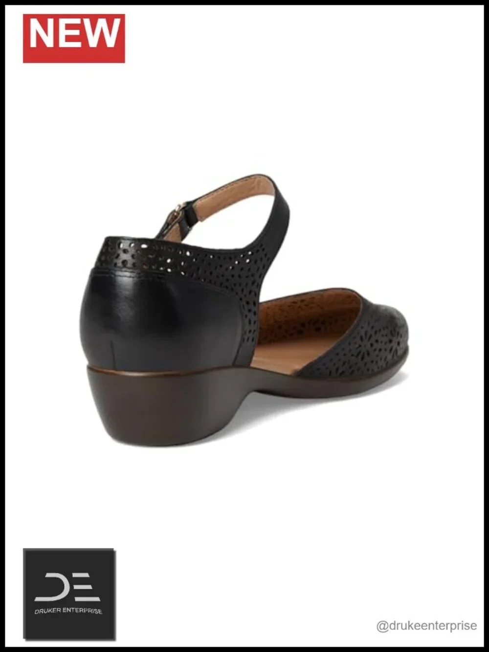 Perforated Leather Mary Jane Wedge Pump with Hook-and-Loop Strap